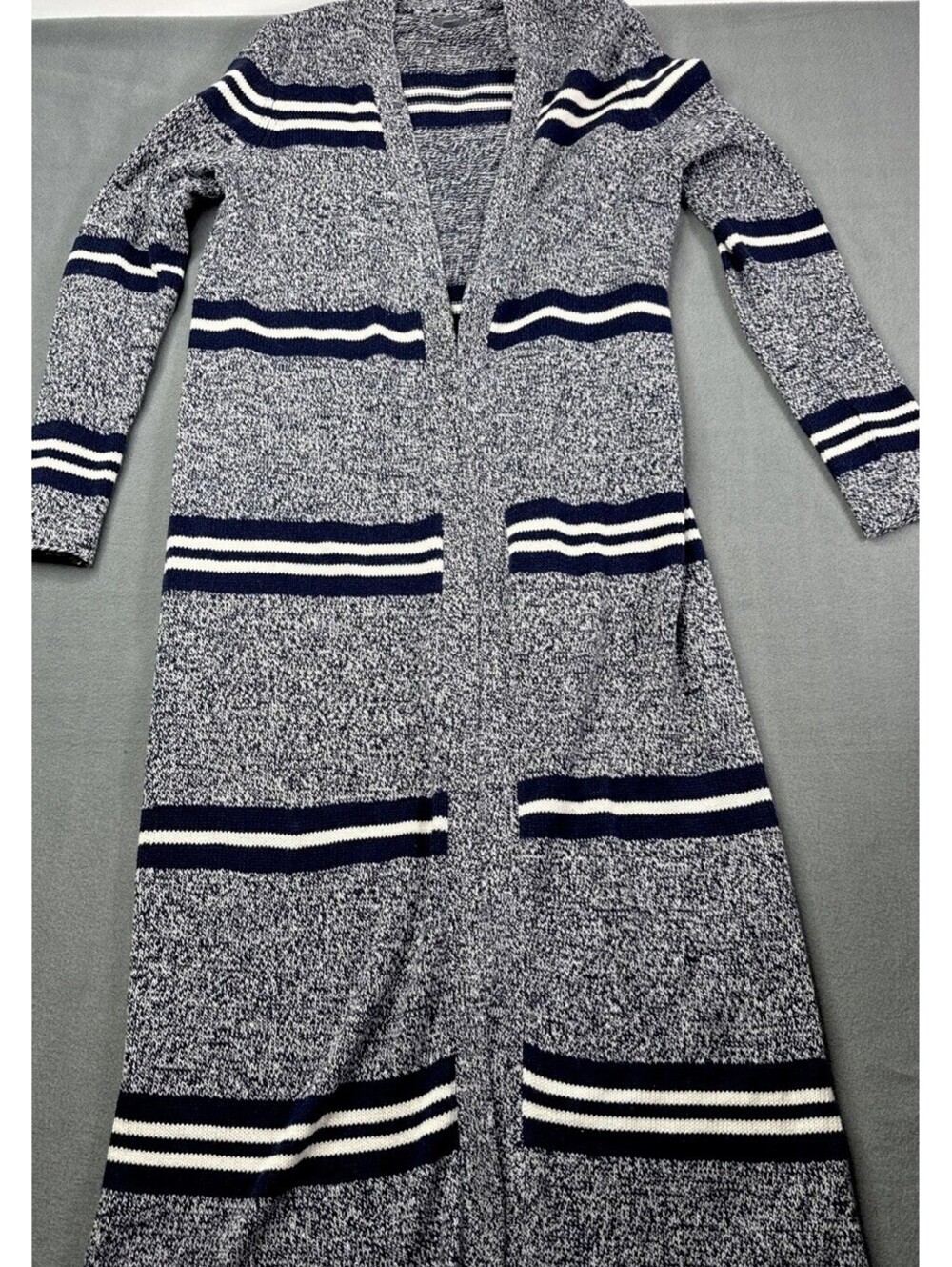 Aerie Long Line Cardigan Duster Womens M Blue White Stripe Coastal Spring Layer